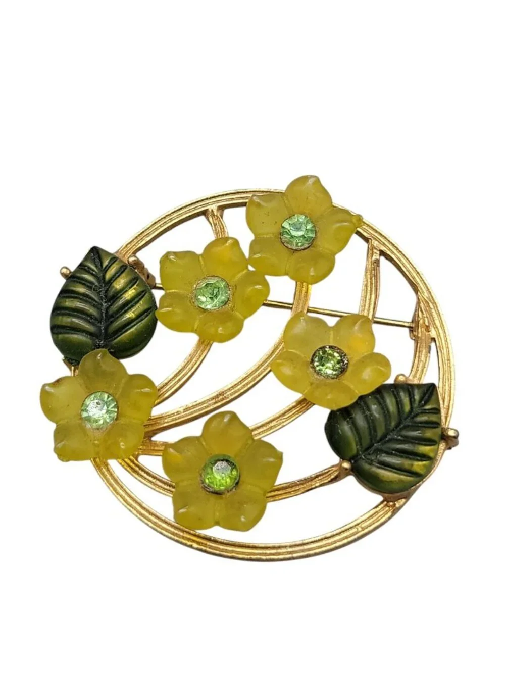 VTG Lucite Flower Wreath Brooch Gold Tone Molded Glass Leaf Circle Pin Unsigned